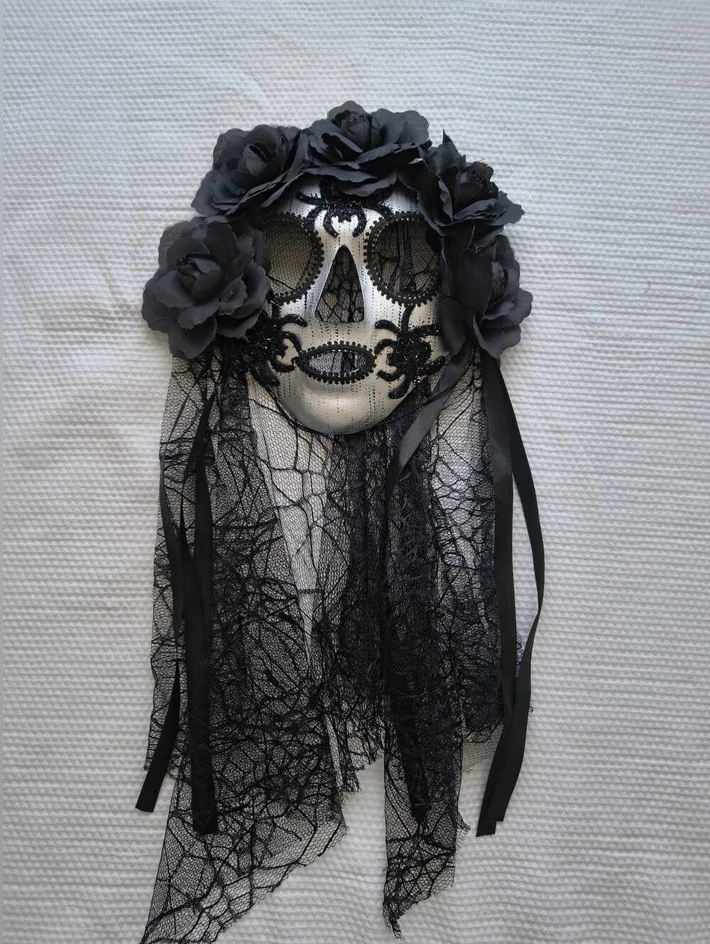 Goth Day of the Dead Catrina Mask w/ Black Rose Crown & Spiderweb Veil